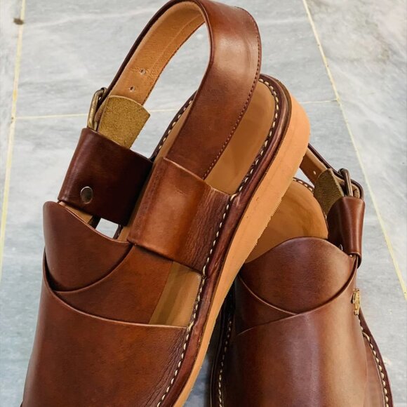 Dark Brown Leather Peshawari Chappal, Traditional Unique Style Comfortable - Picture 10 of 14